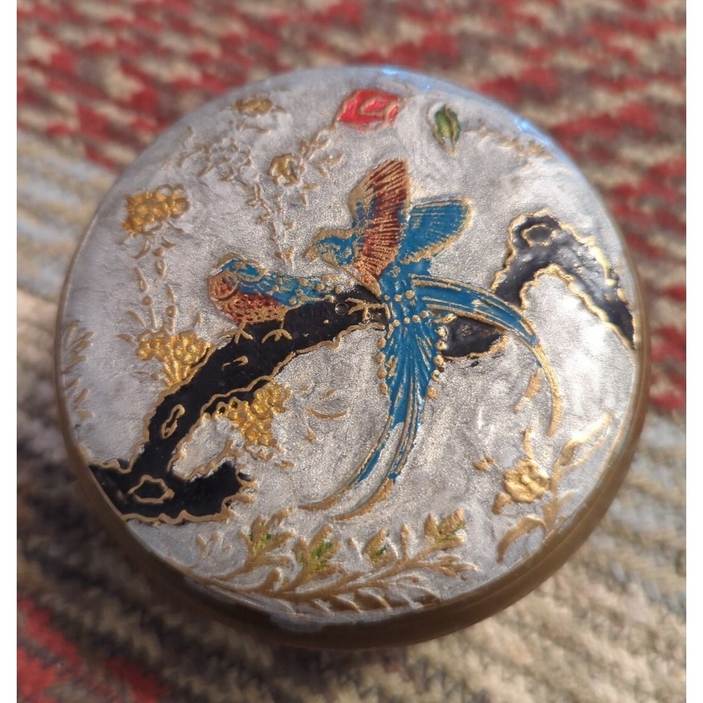Vintage India Brass RARE Painted Blue Macaw Parrot Trinket Jewelery Lidded Box